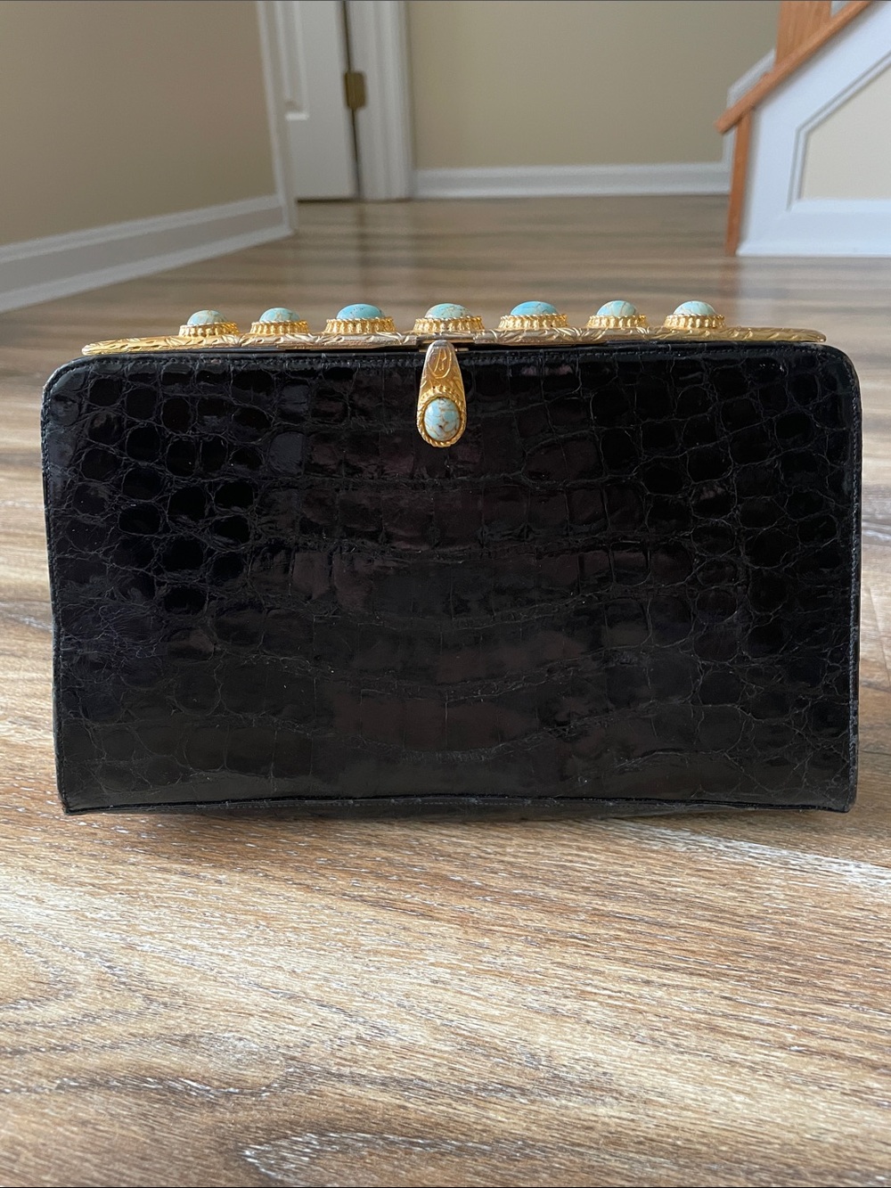 Manon Vintage Crocodile Clutch with Turquoise Cabochon Accents